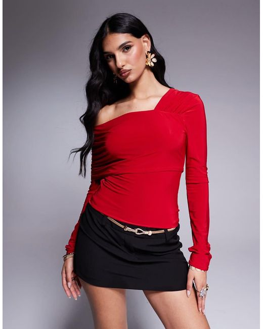 Fashionkilla Red Double Sculpted Slinky One Shoulder Fold Over Top