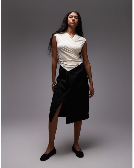 laagam Black Selena Draped Stretch Bodice With Tailored Skirt Midi Dress