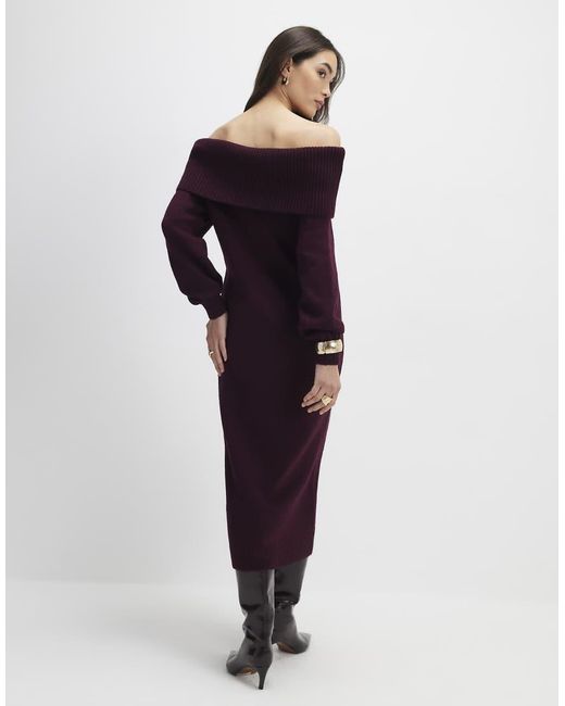 River Island Purple Knit Long Sleeve Bardot Midi Dress