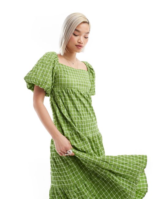 Monki Green Tiered Midi Sun Dress With Open Back