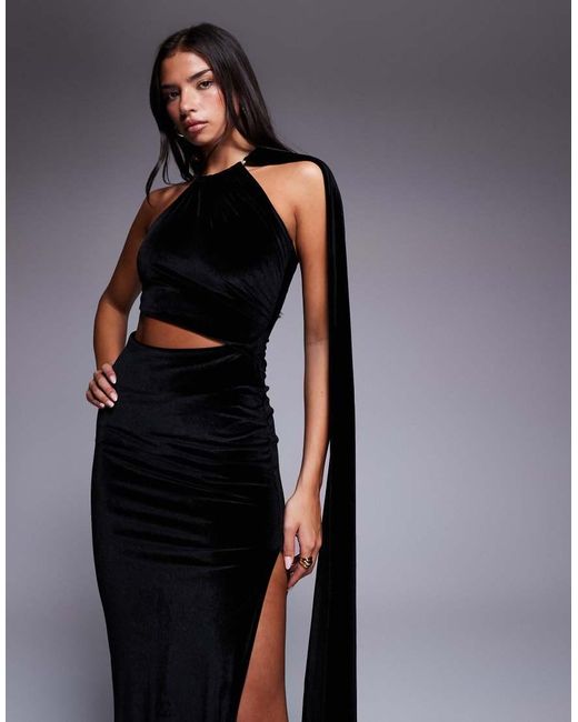 ASOS Blue Halterneck Velvet Drape Maxi Dress With Oversized Gold Neck Trim
