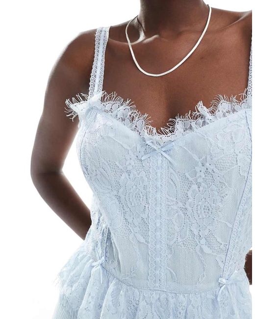 Miss Selfridge Blue Cheesecloth Maxi Corset Dress With Ribbon Trims