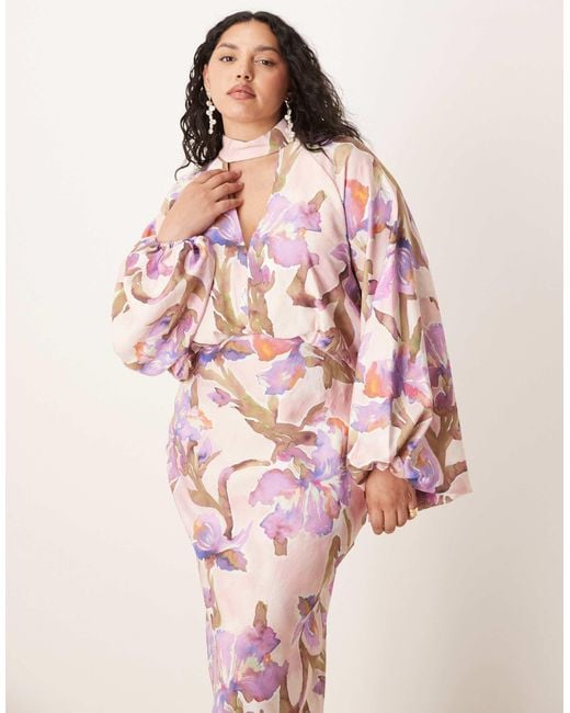 ASOS Pink Asos Design Curve High Neck Plunge Maxi Dress With Blouson Sleeves