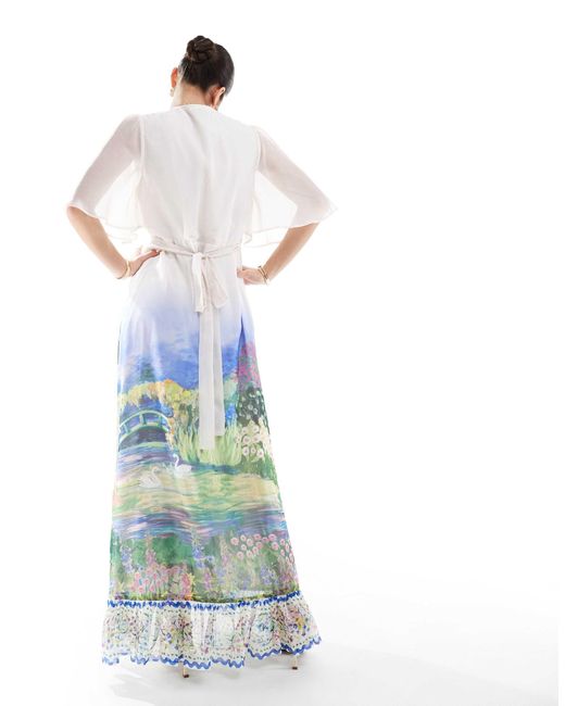 Hope & Ivy White Flutter Sleeve Maxi Wrap Dress With Tie Waist