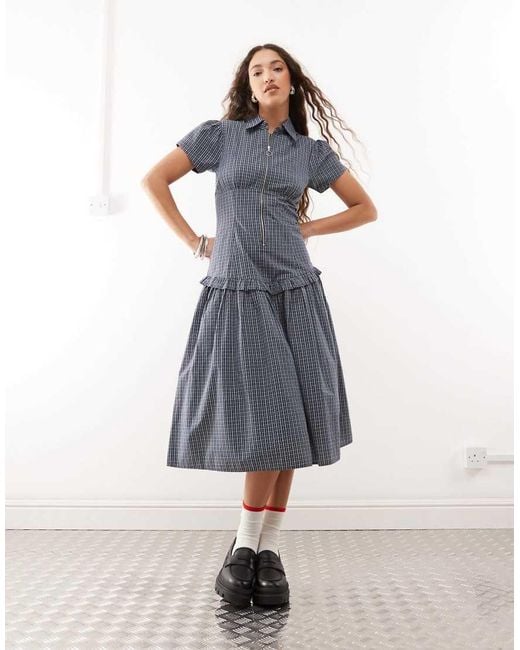 Collusion Blue Drop Waist Midi Shirt Dress