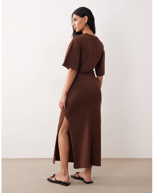 ASOS Brown Short Sleeve V Neck Midaxi Ruched T Shirt Dress With Split