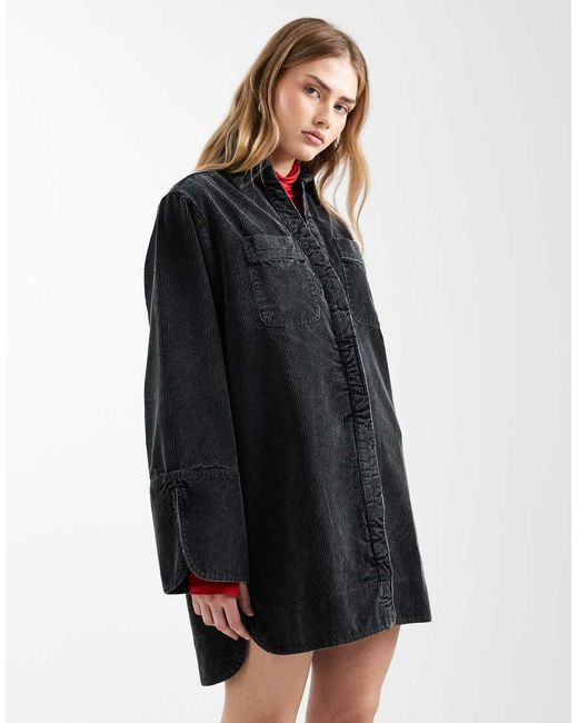 ASOS Blue Cord Mini Shirt Dress With Wide Cuffs And Oversized Pockets