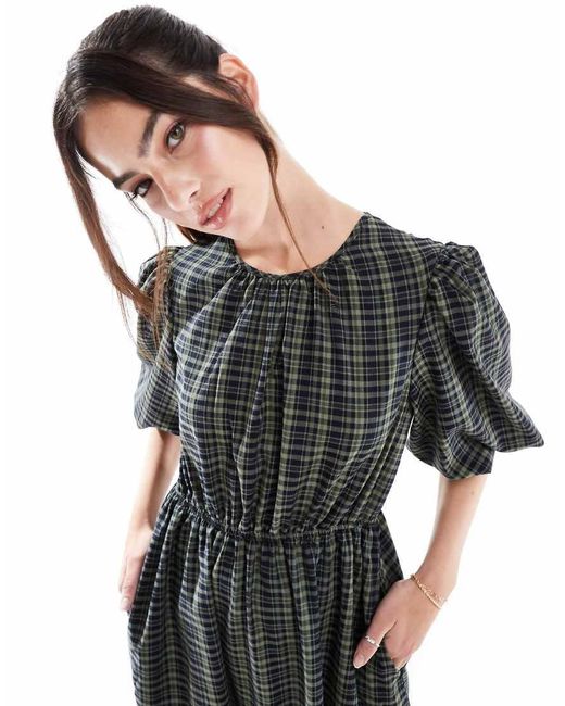 Vestido Midi A Cuadros Con Mangas Abullonadas De Threadbare de color Black