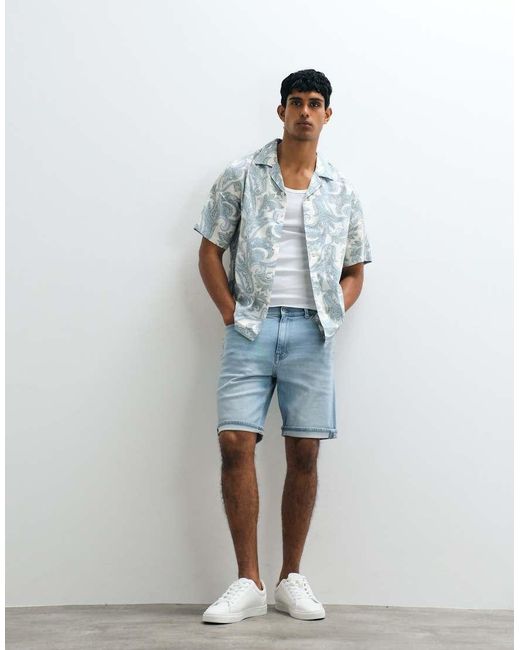Mango Blue Slim Fit Roll Hem Denim Shorts for men