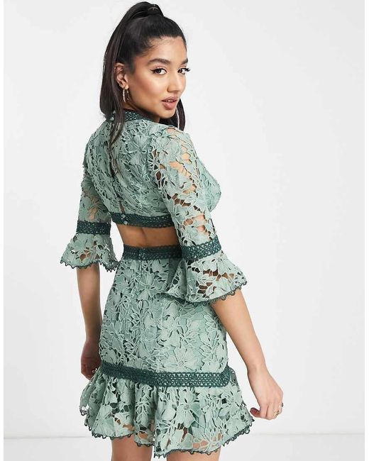 ASOS Green Lace Mini Dress With Circle Trim And Cut Out Detail