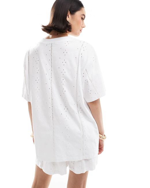 ASOS White Broderie Oversized Tee With Lace Trim Inserts