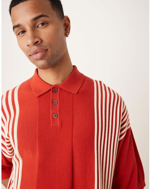 ASOS Red Oversized Boxy Fit Knitted Polo With Contrast Stripes for men