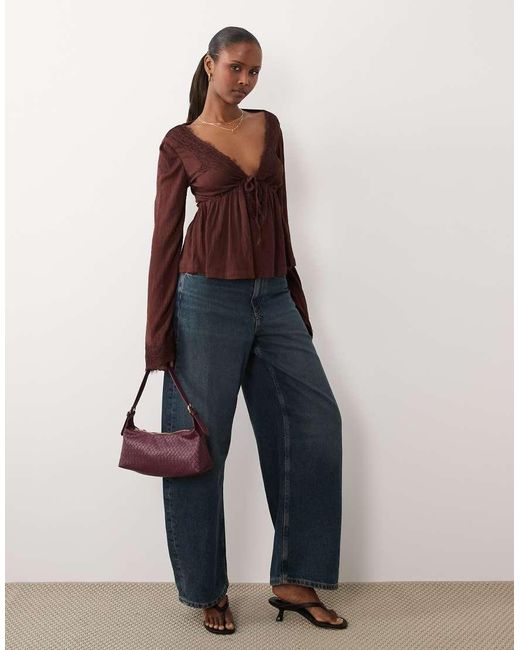 ASOS Brown Crinkle Lace Trim Plunge Top With Flare Sleeve