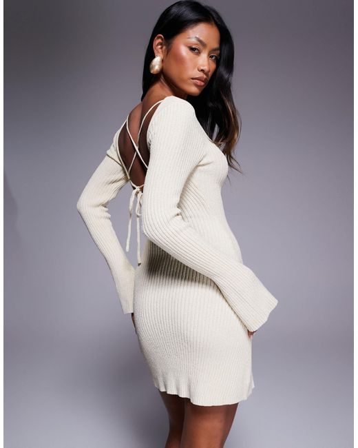 Princess Polly Brownhall Ribbed Knit Flare Sleeve Open Tie Back Mini Dress  in Gray