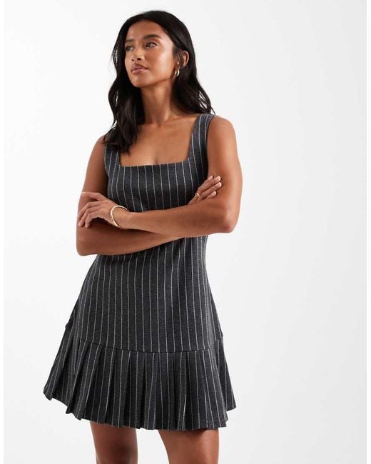 Miss Selfridge Black Pinstripe Pinny Dress With Drop Waist Pleated Hem