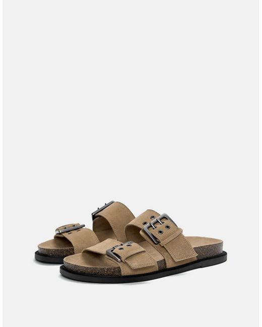 Pull&Bear Multicolor Flat Leather Slider Sandals With Buckles