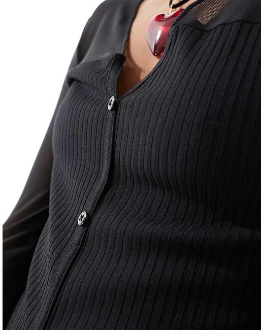 ONLY Geribbelde Crop Top Met V-Hals En Mesh-Detail in het Black