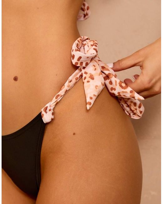 Wolf & Whistle Brown X Isabella Whittingham Side Tie Bikini Bottoms With Leopard Contrast Straps