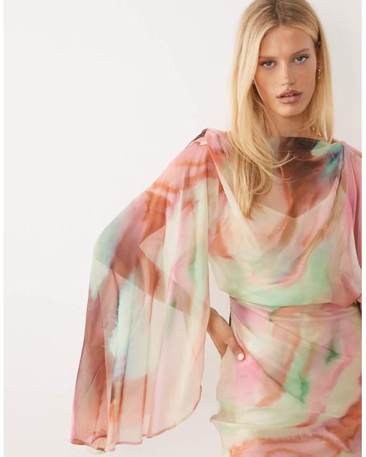 ASOS Pink Kimono Sleeve Cape Detail Draped Midaxi Dress With Open Back