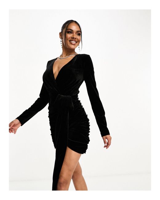 In The Style Black Exclusive Velvet Wrap exaggerated Bow Mini Dress