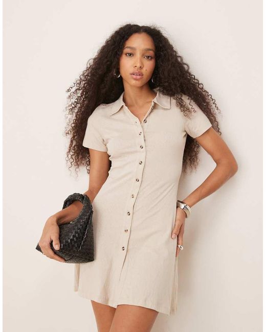 ASOS Natural Collared Mini Column Tea Dress With Button Front And Cap Sleeve