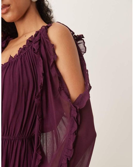 ASOS Purple Ruffle V Neck Maxi Dress With Tie Front