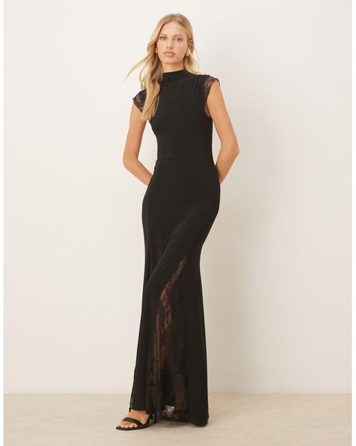 ASOS Black High Neck Cap Sleeve Maxi Dress With Lace Insert Detailing