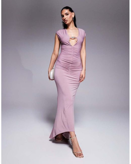 ASOS Purple Cap Sleeve With Trim Detail With Ruching Detail Maxi Dress