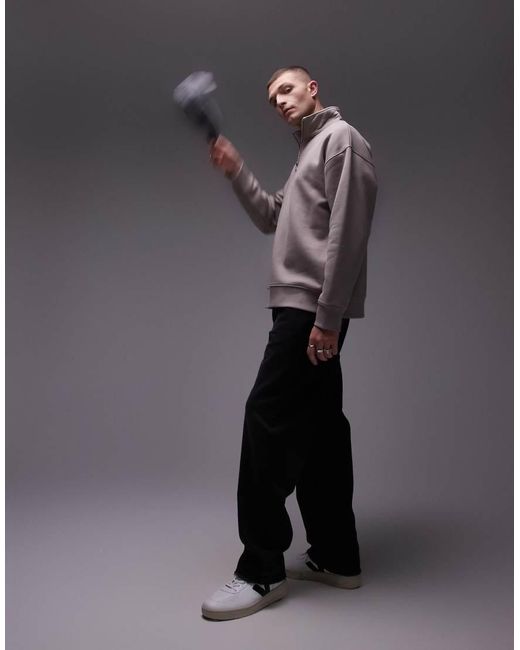 Felpa Premium Oversize Pesante Color Pietra Con Zip Corta di Topman in Gray da Uomo