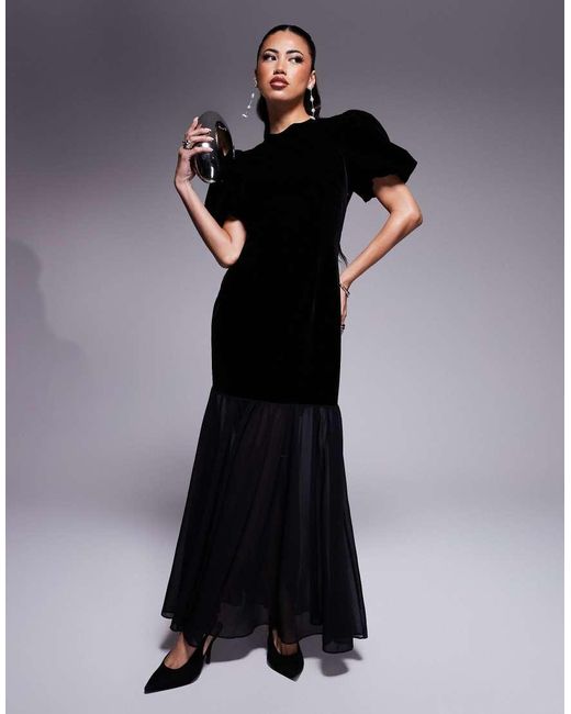 Kaiia Black Exclusive Velvet Puff Sleeve Open Back Drop Hem Maxi Dress