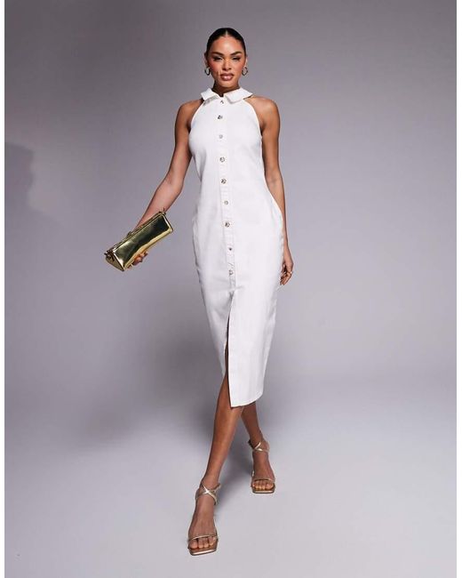 river island white denim dress Womens River Island Cream Denim Button Through Mini Dress US 10