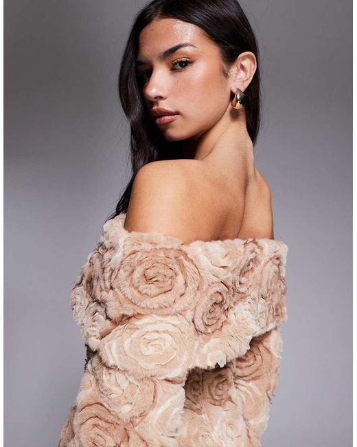 ASOS Brown Off Shoulder Faux Fur Flower Mini Dress