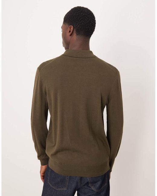 Mango Brown 100% Wool Button Up Long Sleeve Knitted Polo Top for men