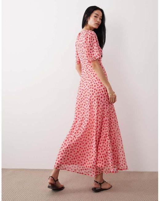 Wednesday's Girl Pink Floral Print High Neck Ruffle Sleeve Maxi Dress