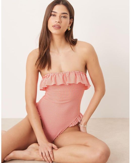 ASOS Pink Scarlet Stripe Bandeau Ruffle Swimsuit