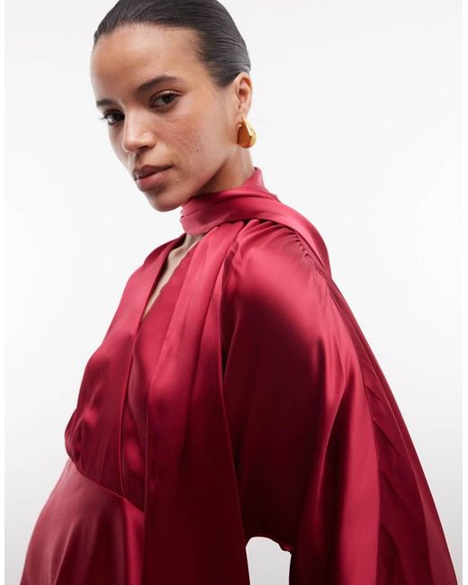 & Other Stories Red Satin Maxi Dress With Volume Sleeves And Detachable Scarf