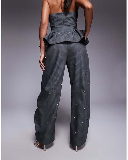 Pantalones Grises De Corte Barrel Con Raya Diplomática Y Perlas De (Parte De Un Conjunto) ASOS de color Blue