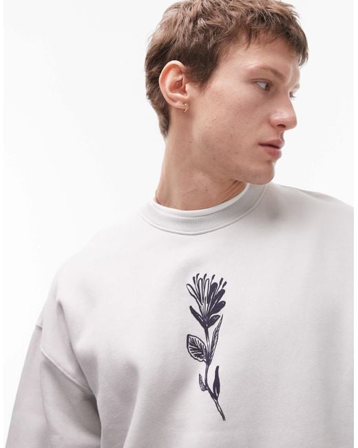 Topman Gray Oversized Fit Sweatshirt With Front And Back Floral Motif Print for men