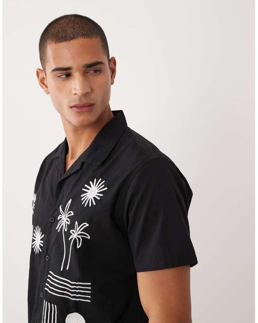 Threadbare Black 100% Cotton Short Sleeve Shirt With Flower Embroidery Detail for men
