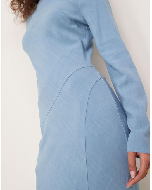 Robe longue en lin avec col montant et surpiqûres - jean décoloré ASOS en coloris Blue