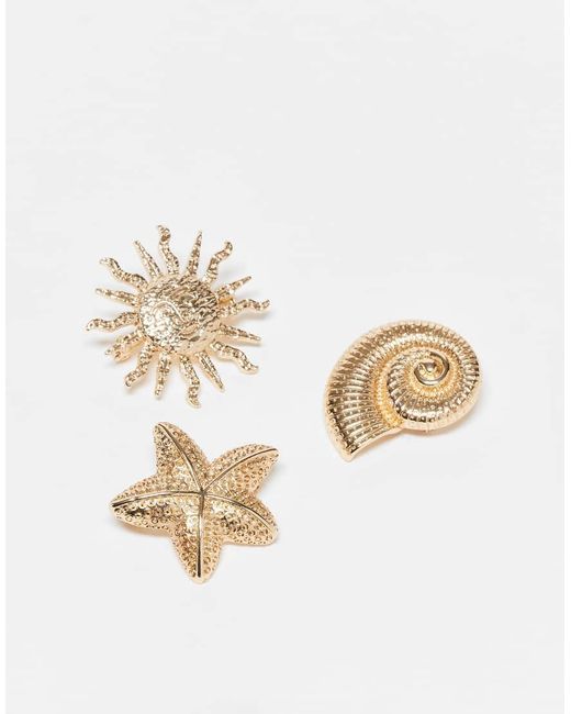 ASOS Set Van 3 Speldjes Met Bedels Van Zon, Schelp En Zeester in het Natural