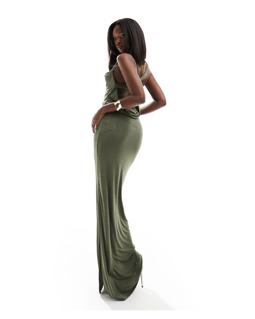 ASOS Green Slinky Cowl Neck Cami Maxi Dress With Gold Trim Back