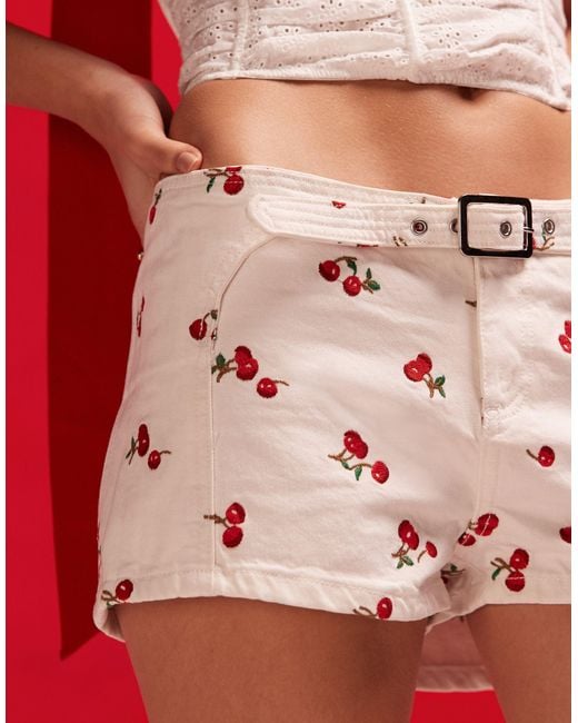 Mango Red Cherry Print Buckle Shorts