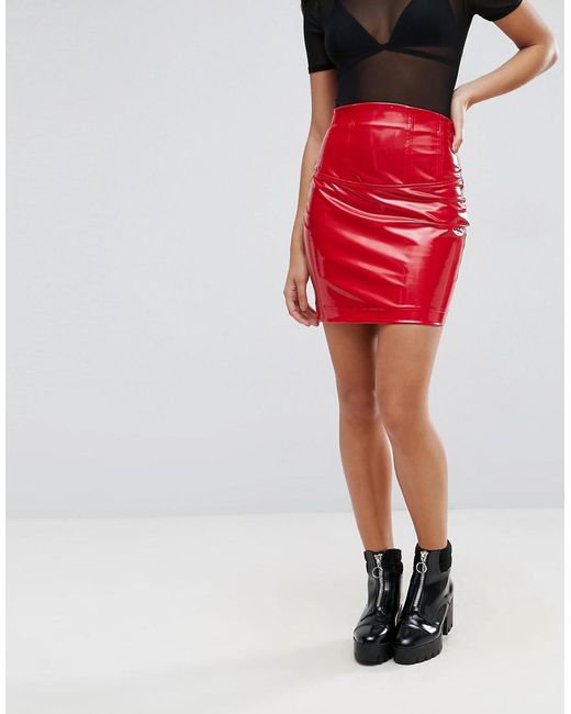 ASOS Vinyl High Waisted Mini Skirt in Red | Lyst UK