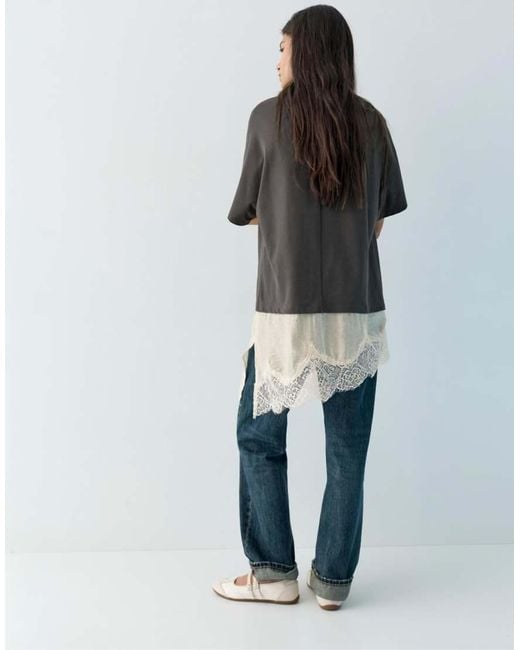 Pull&Bear Gray Contrast T-shirt With Lace Hem
