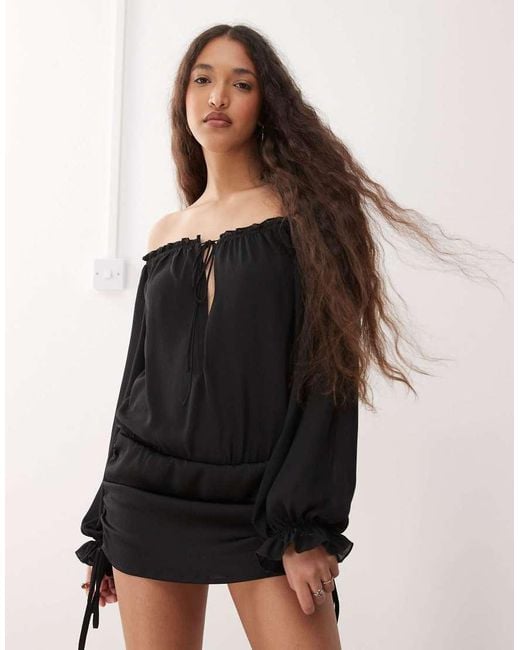 Lioness Black Sevigny Bardot Chiffon Tie Front Ruched Skirt Mini Dress