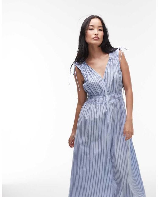 & Other Stories Blue Midaxi Dress With Ruche Tie Shoulder Detail