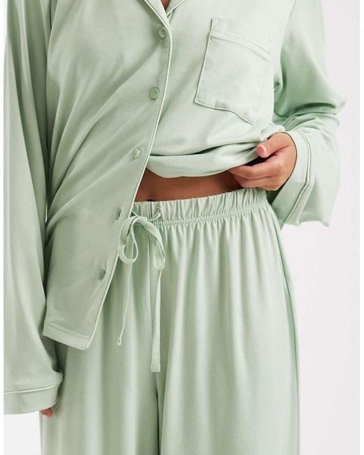 Loungeable Petite Green Super Soft Jersey Revere Top And Wide Leg Pyjama Set