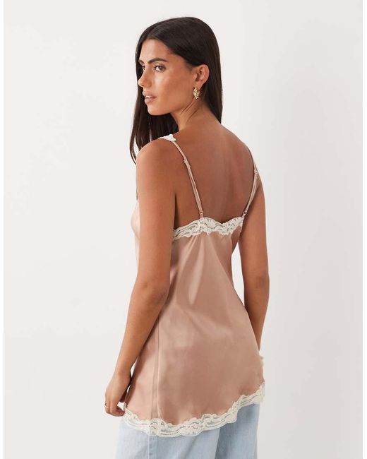 Mango Pink Satin Vest Top With Lace Trim