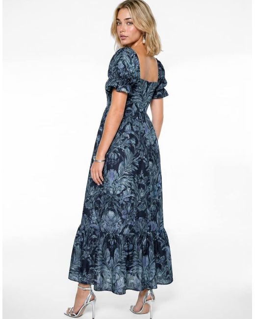 Lovedrobe Blue Floral Print Puff Sleeve Square Neck Midaxi Dress